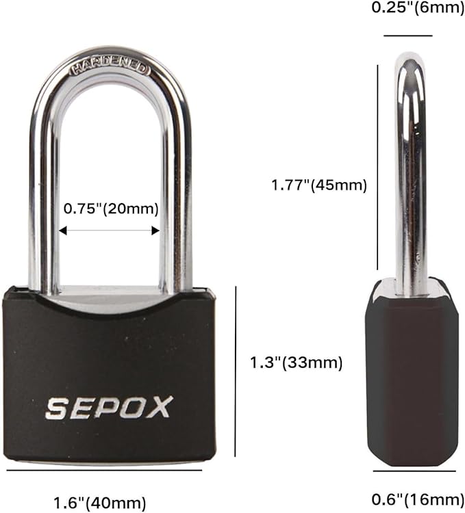 SEPOX® 1-9/16" All-Weather Outdoor Padlocks Keyed Alike, 1-5/8" Long Shackle, Solid Steel Lock, Heavy-Duty with Black Cover, Design for Gate Fence Cabinet Toolbox School Gym Locker with 2pcs Same Key