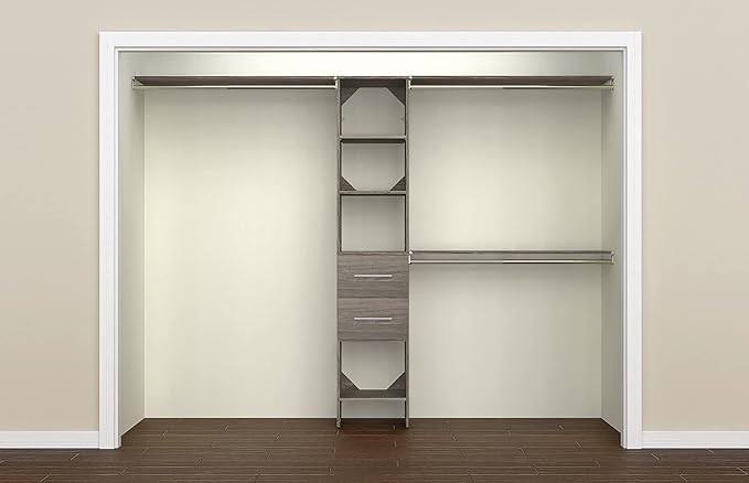 ClosetMaid SuiteSymphony Wood Closet Organizer Kit with Tower, 3 Hang Rods, Top Shelves, 2 Drawers, Modern, Fits Spaces 5 - 9 ft. Wide, Graphite Grey