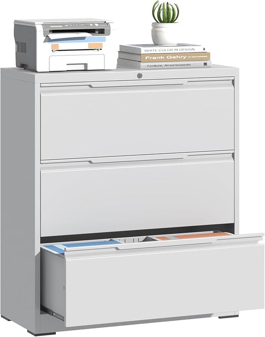 Lateral File Cabinet, 3 Drawer Lateral File Cabinet with Lock, Metal Filing Cabinets for Home Office, White Wide Deep Drawer for Hanging Files Letter/Legal/A4/F4 Size, Printer Stand, Assembly Required
