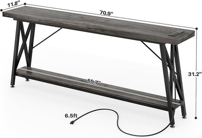 Homieasy 70.9 Inch Console Table, Industrial Sofa Table Behind Couch with Charging Station & Storage Shelf, Entryway Table for Living Room & Entryway, Grey