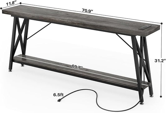 Homieasy 70.9 Inch Console Table, Industrial Sofa Table Behind Couch with Charging Station & Storage Shelf, Entryway Table for Living Room & Entryway, Grey