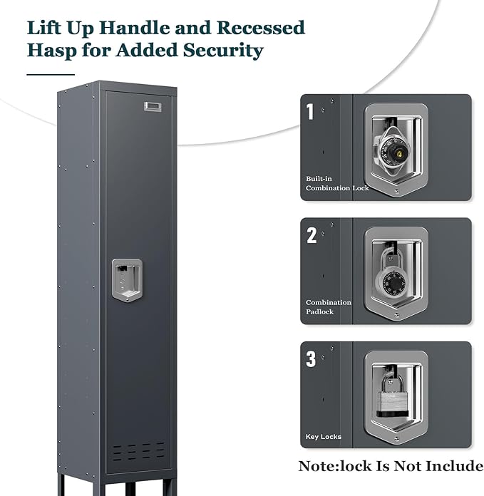 Metal Storage Locker with Lock & Card Slot Locker - Secure Lockable Door - Steel Locker for School, Office, Gym, Home - 66.15" H x 11.8" W x 11.8" D（1 Door, Grey）