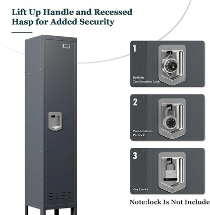Metal Storage Locker with Lock & Card Slot Locker - Secure Lockable Door - Steel Locker for School, Office, Gym, Home - 66.15" H x 11.8" W x 11.8" D（1 Door, Grey）