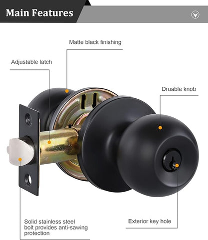 Lanwandeng 4 Pack Matte Black Door Knobs with Lock and Keys All Alike, Interior/Exterior Door Knob for Bedroom or Bathroom, Entry Door Lock