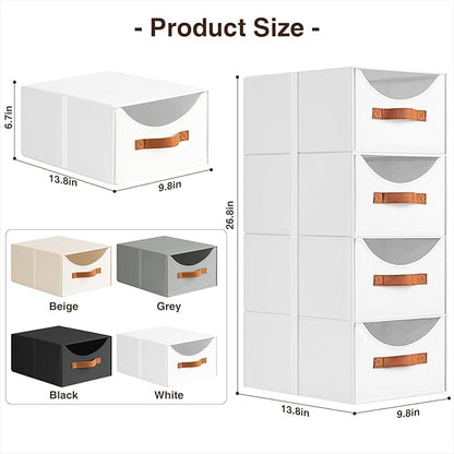 Stackable Storage Drawers - Collapsible Storage Bins with Drawers, 8 Pack Closet Shelf Organizer Basket, Fabric Pull Out Organizer for Bedroom, Living Room, Dorm, White