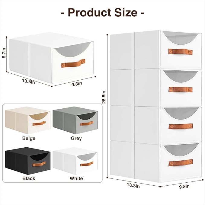 Stackable Storage Drawers - Collapsible Storage Bins with Drawers, 6 Pack Closet Shelf Organizer Basket, Fabric Pull Out Organizer for Bedroom, Living Room, Dorm, White