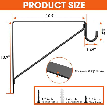 Pisman Closet Rod Bracket Heavy Duty,Shelf Bracket with Rod Holder- Black Closet Rod Support & Closet Shelf and Rod Bracket for Storage, 10 Inch 4pcs