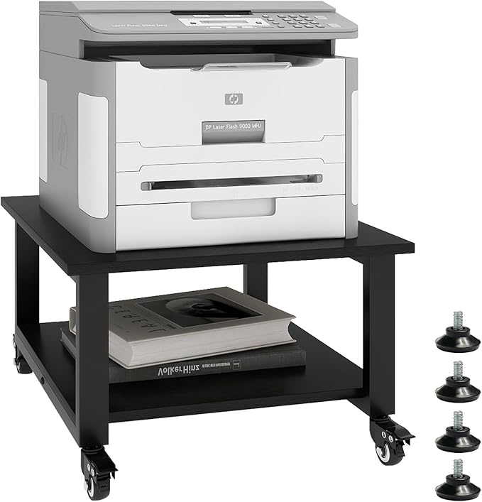 Natwind 2 Tiers Office Movable Laser Printer Copier Stand Cart Under Desk Heavy Duty Dark Brown Rolling Table with Storage Floor-Standing Holder on Wheels Fax Paper Organizer Shelf for Home (Black)
