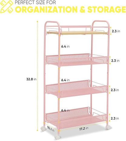 Sekey 4 Tier Rolling Cart Metal, Snap-Together Utility Cart on Wheels, Heavy Duty Storage Cart with Universal Wheels for Baby Nursery, Bathroom, Kitchen, Laundry Room, Pink