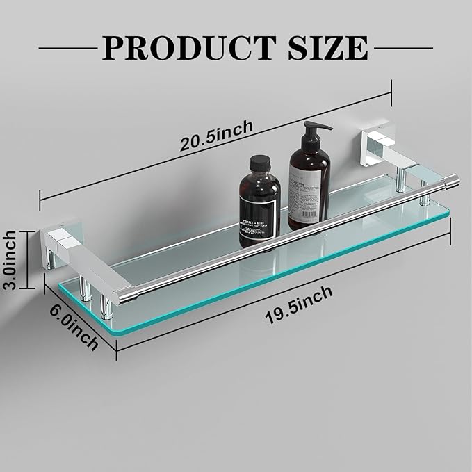Glass Shelves for Bathroom, 20IN Rectangular Chrome Stainless Steel Tempered Glass Shelf Wall Mount Shelf Sink Over Toilet Modern Bathroom (Chrome Polished, 20‘’)