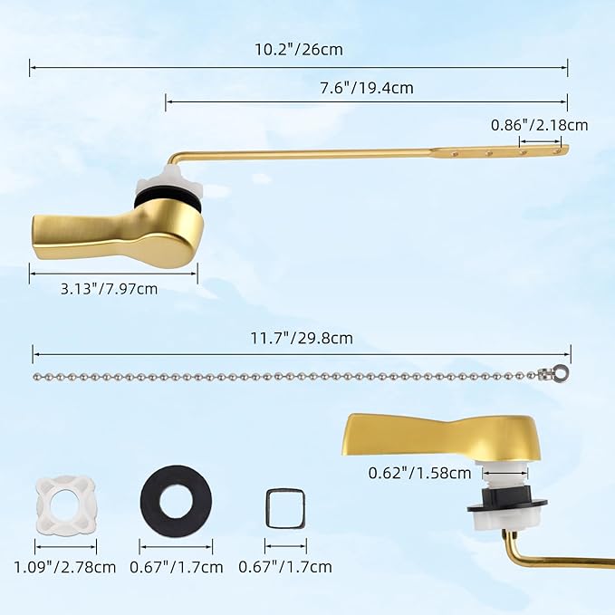 Hibbent Universal Front Mount Metal Toilet Handle Replacement Kit, Brass Toilet Tank Flush Lever with Stainless Steel Adjustable Flapper Chains for Most Toilets, Brushed Gold