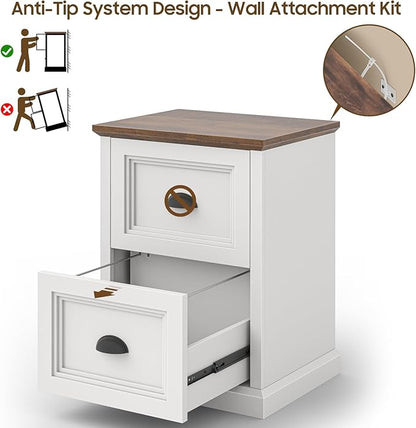 Vertical File Cabinet, Filing Cabinet with 2 File Drawers, Farmhouse Small File Cabinet Fits Letter/A4 Size, Wooden Printer Stand, Under Desk Cabinets for Home Office, White