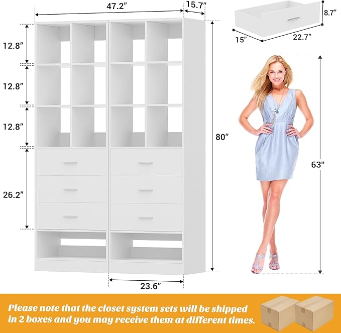 Homieasy Closet System Organizer with Drawers and Partition Storage, 4 FT Freestanding Wardrobe Organizer Modular with Shoe Shelf for Walk-In or Reach-In Closets, Set of 2, White