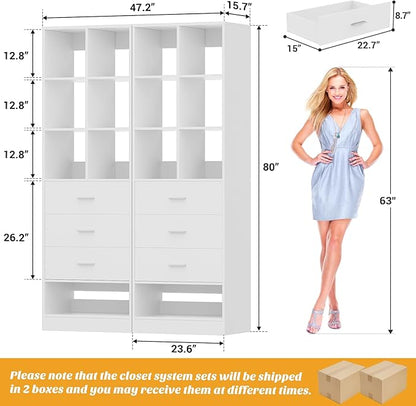 Homieasy Closet System Organizer with Drawers and Partition Storage, 4 FT Freestanding Wardrobe Organizer Modular with Shoe Shelf for Walk-In or Reach-In Closets, Set of 2, White