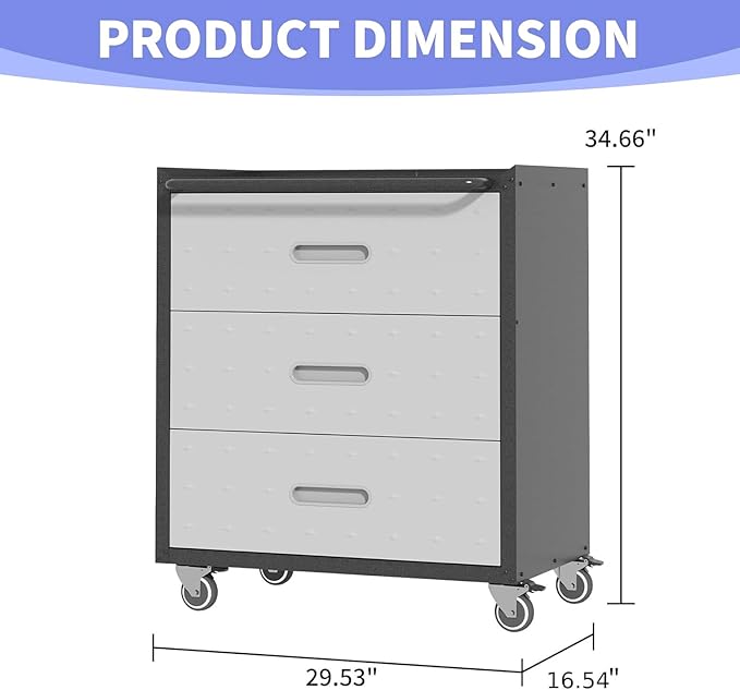 Metal Garage Storage Cabinet with Wheels, Rolling Tool Cabinet with 3 Drawers, Heavy Duty Mobile Steel Cabinet for Garage Warehouse Workshop