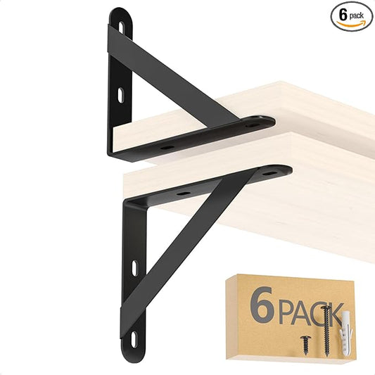 5x4 Shelf Brackets 6-Pack, Shelf Support Shelf Holder Steel Wall Mount Heavy Duty Small L Shape Triangle 90 Degree Metal Black with Screws Anchors Soporte de Estante