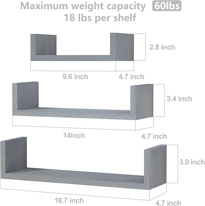 SRIWATANA Floating Shelves Wall Mounted, Solid Wood Wall Shelves, Weathered Gray…