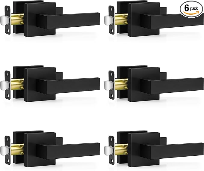 6 Pack Matte Black Door Handles, Passage Door Levers for Hallway & Closet, Interior Keyless Door Knobs Heavy Duty Square Non-Locking Handlesets(2.0lb), Reversible for Left & Right Sided Doors