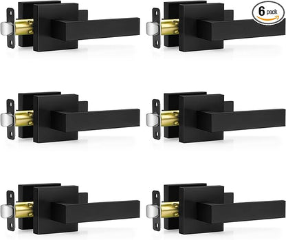 6 Pack Matte Black Door Handles, Passage Door Levers for Hallway & Closet, Interior Keyless Door Knobs Heavy Duty Square Non-Locking Handlesets(2.0lb), Reversible for Left & Right Sided Doors