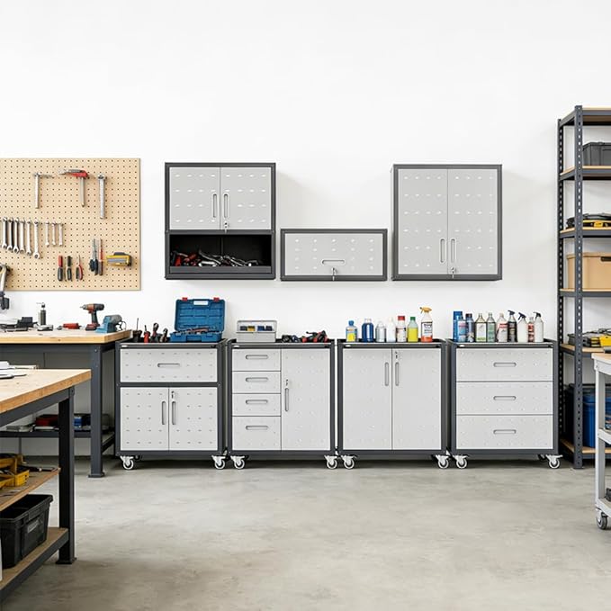 Garage Storage Cabinet System 3pcs Heavy Duty Workshop Set Wall Cabinet Metal Tool Cabinets with Adjustable Shelves Metal Garage Storage Cabinets