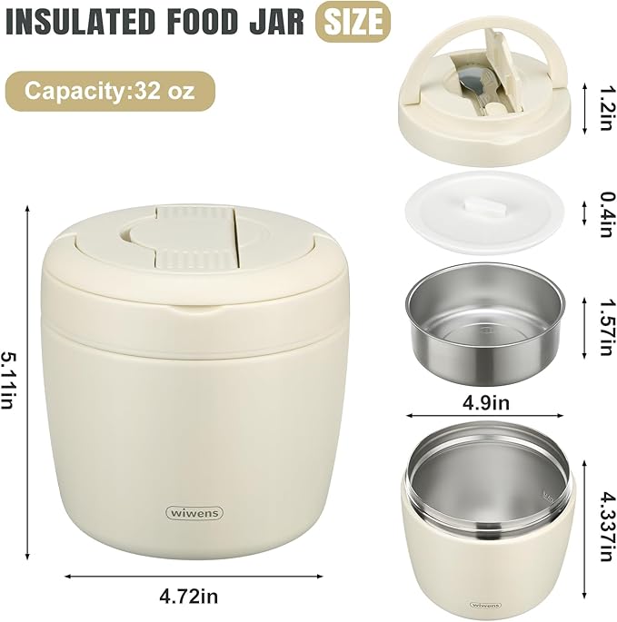 Thermo Food Jar for Hot Food Adults 32OZ Soup Thermo Lunch Containers Wide Mouth Vacuum Insulated Stainless Steel Leakproof Bento Box with Spoon (Beige)