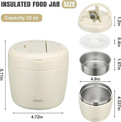 Thermo Food Jar for Hot Food Adults 32OZ Soup Thermo Lunch Containers Wide Mouth Vacuum Insulated Stainless Steel Leakproof Bento Box with Spoon (Beige)