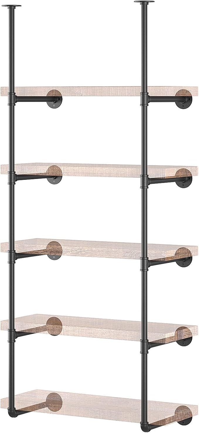 Yuanshikj 2Pc (70" Tall 12" deep 3/4") Industrial Wall Mount Iron Pipe Shelf Shelves Shelving Bracket Vintage Retro Black DIY Open Bookshelf Storage Home Kitchen (2 Pcs 5Tier Hardware only)