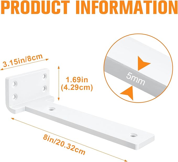 Floating Shelf Brackets 8 inch 6 Pack L Brackets for Shelves White Metal Heavy Duty Shelf Bracket for DIY Decorative with Mounting Hardware