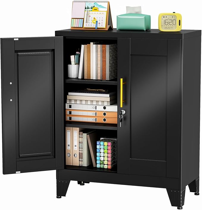 35.43" Metal Storage Cabinet with Lock, Metal File Cabinet with 2 Doors ＆ 2 Adjustable Shelves, Steel Locker Utility Tool Garage Cabinets for Home, Office, Warehouse (Black)