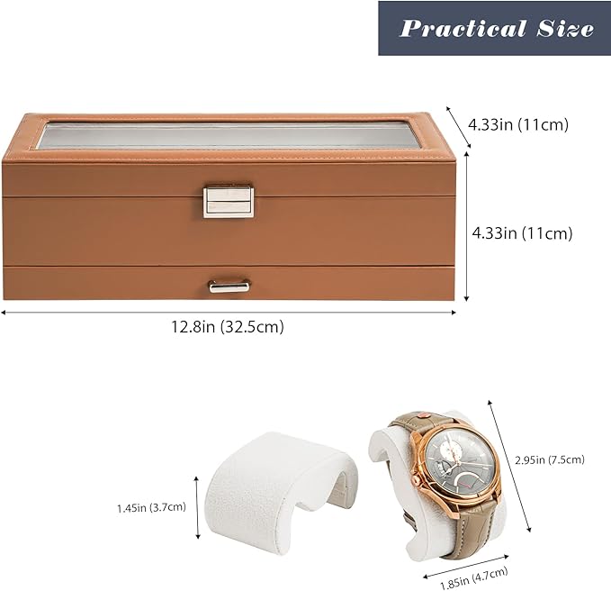 ProCase Watch Box, 6 Slot Watches Display Case with Drawer, Mens Watch Case with Glass Lid, 2-Layer Mens Jewelry Organizer Storage Holder, Birthday Valentine Gifts for Men -6 Slot, Khaki