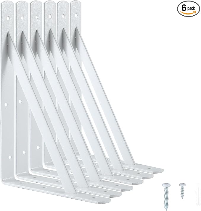 Heavy Duty Shelf Brackets 12 x 8 inches, Metal Shelves Supports, Load Capacity: 600 lb, 90 Degree Wall Mounted Angle L Floating Shelf Bracket with Screws,White 6 Pack HOME MASTER HARDWARE