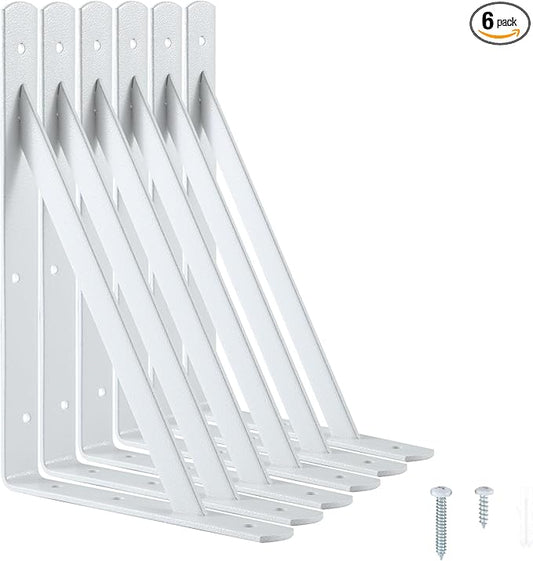 Heavy Duty Shelf Brackets 12 x 8 inches, Metal Shelves Supports, Load Capacity: 600 lb, 90 Degree Wall Mounted Angle L Floating Shelf Bracket with Screws,White 6 Pack HOME MASTER HARDWARE