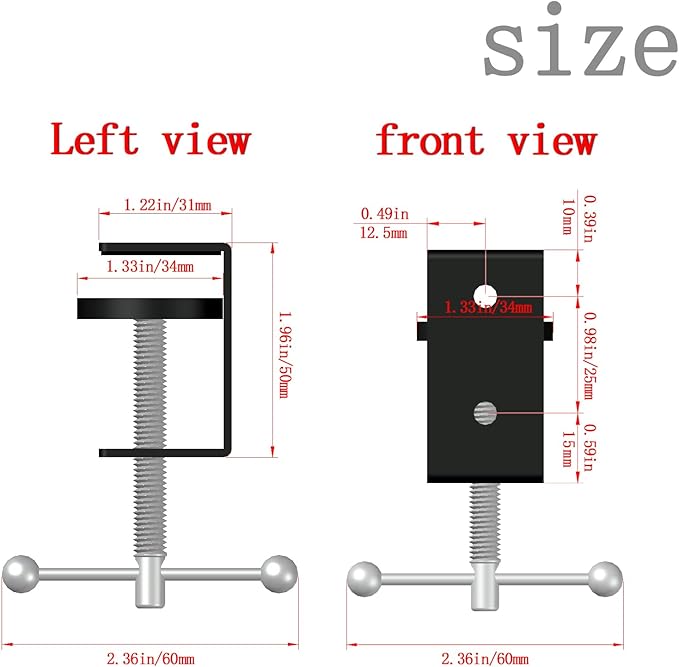 2-Pack 1 Inch Heavy Duty Black C-Clamps for Desk & Table, 0-1.5 Inch Clamping Range, 2 Mounting Holes, Metal Workbench Clamps, Garland Clamps, Mantle Clamp