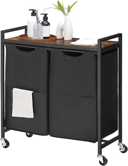 HOOBRO Laundry Hamper, Laundry Sorter 2 Section, 2 × 13 Gal (49.5L), Laundry Basket with Wheels, Rolling Cart, Pull-Out and Removable Oxford Fabric Bags, Rustic Brown and Black BF72XY01