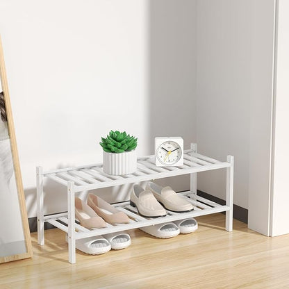 RONGJlA 2 Tier Bamboo Shoe Rack for Closet Free Standing Wood Shoe Shelf Storage Organizer for Entryway Small Space Stackable, White