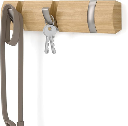 Umbra Flip Wall-Mounted Coat Rack with 3 Hooks – Modern, Space-Saving Storage for Hats, Jackets, Bags, Entryway, Mudroom, Closet, Bathroom, Bedroom – Natural/Nickel