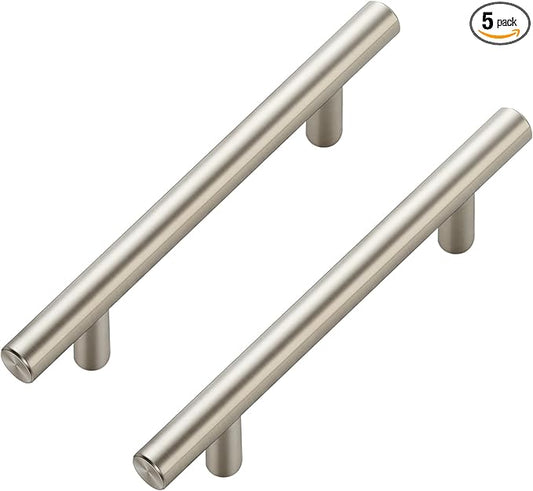 JOY DECOR 5 Pack Cabinet Handles, Brushed Nickel Cabinet Pulls, 3-3/4 in Hole Center Kitchen Cabinet Handles, Stainless Steel T Bar Handles for Dresser Drawers