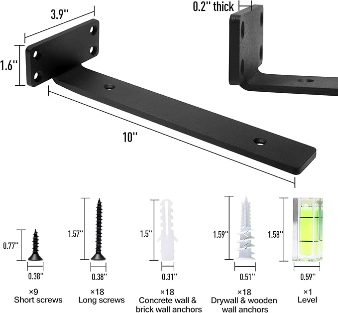 HITOMEN Heavy Duty Floating Shelf Brackets, 10-Inch (1/5'' Thick) Hidden Shelves Hardware, Iron L Brackets, Rustic Industrial Black Metal Wall Shelving Supports, 4 Pack