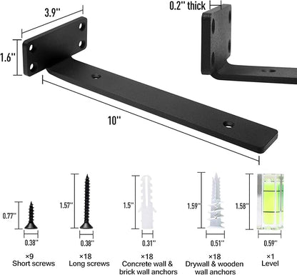 HITOMEN Heavy Duty Floating Shelf Brackets, 10-Inch (1/5'' Thick) Hidden Shelves Hardware, Iron L Brackets, Rustic Industrial Black Metal Wall Shelving Supports, 4 Pack