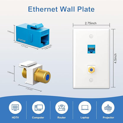 FGB 10Gbps Coax Wall Plate, 2 Port CAT6 Wall Plate with Low Voltage Mounting Bracket and Gold Plated Coax Keystone Jack Insert, 2 Pack
