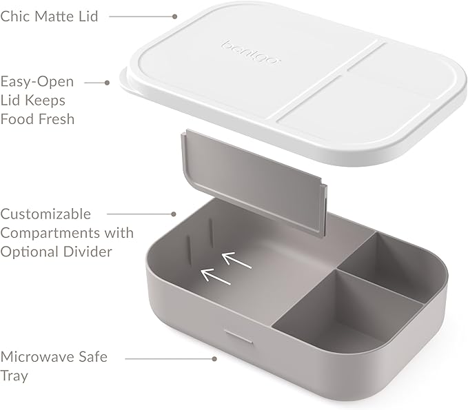 Bentgo® Modern Tray with Matte Lid - Reusable, BPA-Free, Meal Prep Containers for Adults with Removable Divider - 3 or 4 Compartments for Healthy Portioned Meals At Home & On the Go (White)