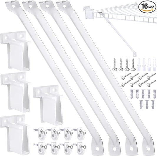 Hicarer 16 Pcs Wire Shelf Support Brackets Kit for 12 Inch, Include 4 Mental Closet Support Brace 8 White Down Wall Clips and 4 Wire Shelf End Brackets with Screws for Wardrobe