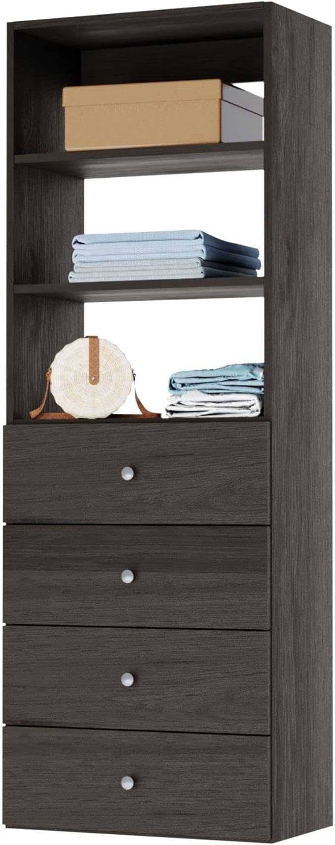 Closet Shelves Tower - Modular System With Drawers (4) - Corner Organizer and Storage Shelves (Gray, 19.5 Inches Wide)