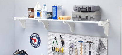 EZ Shelf-Expandable-Garage Shelf- -White- Easy to Install -Strong (up to 250 Lbs)- Wire Shelving Alternative –Wall Mounted Garage Shelf Organizer (White, 40.5"-290")