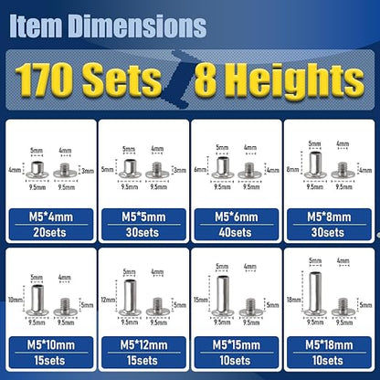 170 Sets Silvery Chicago Screws Leather Rivets Kit, 8 Sizes (M5*4,5,6,8,10,12,15,18) & 3 Screw Lengths (M4*3,4,5) for Belts, Bookbinding, DIY Leather (Silvery)