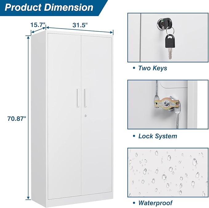 Metal Garage Storage Cabinet, 71-inch Tool Storage Cabinet with Adjustable Shelves & Locking Doors for Garage,Office,Home,School,Gym Storage (White)