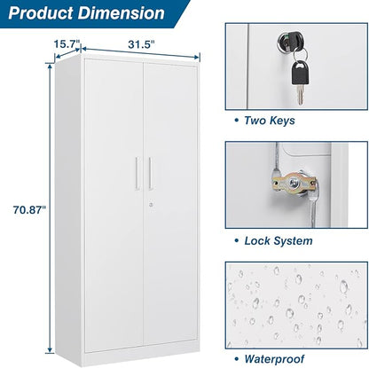 Metal Garage Storage Cabinet, 71-inch Tool Storage Cabinet with Adjustable Shelves & Locking Doors for Garage,Office,Home,School,Gym Storage (White)