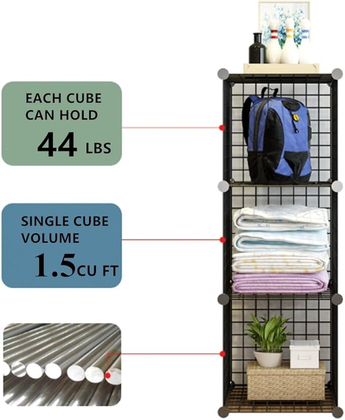 UNICOO® 14x14 Inch Multi Use DIY Bookcase & Shelf | Closet Organizers and Storage Cabinet - 12 Cube Wire Grid Organizer, Wardrobe Closet Organizer, Storage Shelves for Bedroom (12-Black Wire)