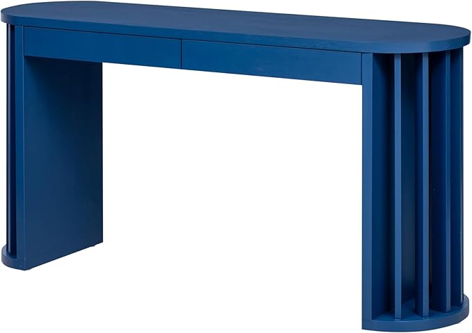 59-inch Long Console Table, Oak Veneer Sofa Table, Curved and Straight Line Design Couch, Farmhouse Entryway Table for Entrance, Hallway, Living Room (Navy Blue-J49)