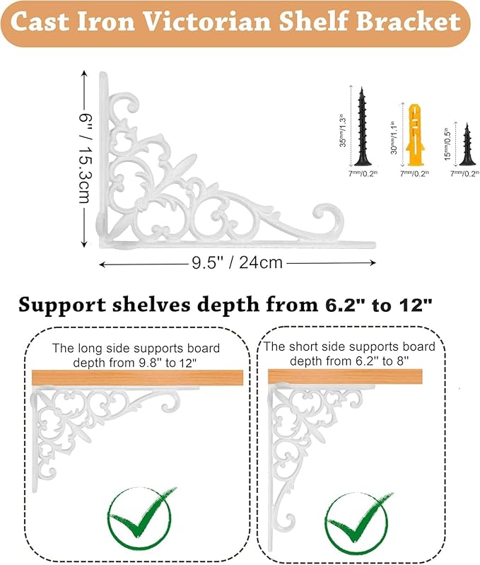 Z Metnal Decorative Shelf Brackets, White Cast Wrought Iron Metal Mailbox Bracket, 90° Right Angle Victorian Brackets, Wall Decor, Modern Shelving Bracket for DIY Floating Shelves, 2 Pcs